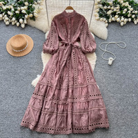 Robes pour femmes, robe en dentelle vintage, robe à manches lanternes creuses, robe à nouer à la taille, robe boutonnée, robe élégante pour femmes