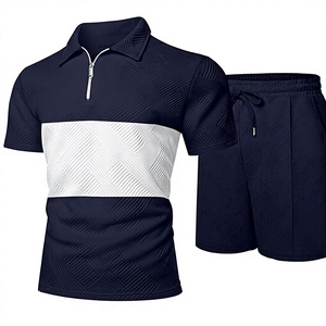 Conjunto de Pantalones Cortos Deportivos de 2 Piezas, Tejido de Poliéster, Diseño Geométrico con Bloques de Color, Secado Rápido, Cuello Camisero, Primavera Verano - Product Image 1