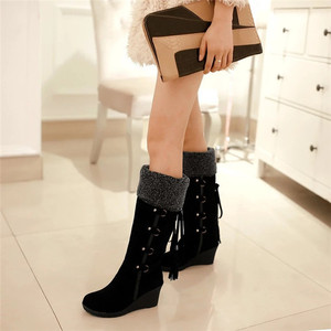 Сапоги до середины икры на высоком каблуке хорошего качества, 2025 зимние женские сапоги на танкетке - Product Image 2