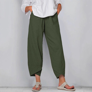 Pantalon droit ample pour femme, longueur cheville, décontracté, en coton et lin, taille élastique, coupe courte - Product Image 4