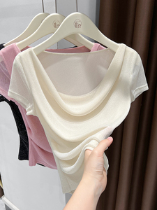 <strong>Pink</strong> Shiny Women's T-Shirt High-End Summer <strong>Top</strong> Ruched Waist Off-Shoulder Short-Sleeve Featuring Ice <strong>Silk</strong> Mesh Regular Shoulders - Product Image 3