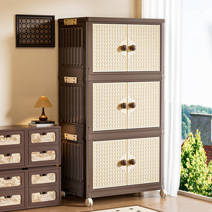 ドア付き多層プラスチック収納キャビネット,ローリングワードローブ主催衣服 & 寝具用ポータブル衣類キャビネット - Product Image 2