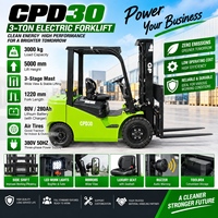 Chariot élévateur électrique CPD30 3T 80V/280Ah Li-Ion, mât 3 étages 5m, déplacement latéral, pneus pneumatiques, chargeur.