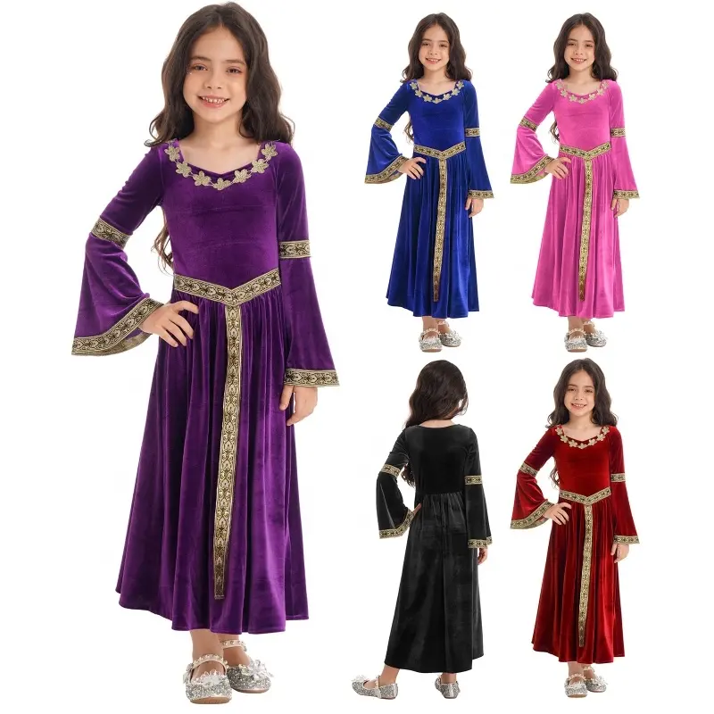 Beautiful Kids Girls Long Flare Sleeve Retro Patterned Band Dress Up Costumes Medieval Princess Velvet Dress