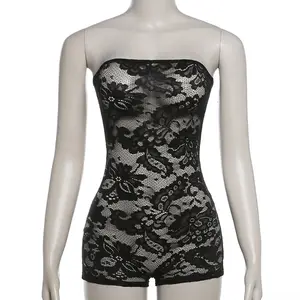 Lace Sexy Coquette Playsuits Women Solid Sleeveless Wrapped Chest See Through Slim Overalls Ladies Stunning Party Rompers