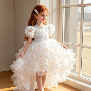 Robe de princesse rose pour enfants, manches bouffantes, robe de bal brodée, robe de demoiselle d'honneur pour fête d'anniversaire, taille 8633 - Product Image 2