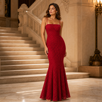 Robe sirène longue en dentelle rouge unie, taille naturelle, dos nu, bretelles spaghetti, pour soirée, vente en gros, personnalisable OEM