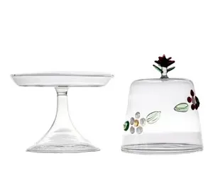 Custom Made Clear Handgeblazen Hittebestendig Borosilicaatglas Dessert Hoge-Voet Stand Met Gekleurde Rose Top