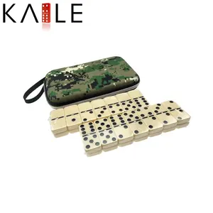 Wholesale custom double 6 domino game set black dots 28pcs 5010 molding domino block with travel fabric bag