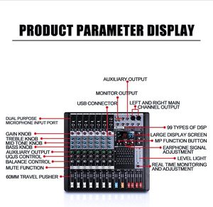 NGVM EX-8 Console de mixage audio professionnelle 8 canaux avec égaliseur 7 bandes <span class=keywords><strong>Interface</strong></span> <span class=keywords><strong>Bluetooth</strong></span>/USB 99 effets DSP - Studio d'enregistrement/DJ - Product Image 2