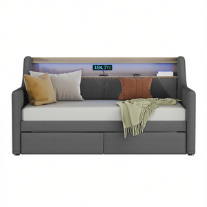 Lit de repos double capitonné avec station de charge LED et tiroirs de rangement, gris, mobilier de chambre moderne - Product Image 1