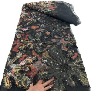 Tela de <span class=keywords><strong>lentejuelas</strong></span> con bordado de cuentas y tubos de alta resistencia, estilo europeo y americano, material negro para vestidos de novia y de noche. - Product Image 4