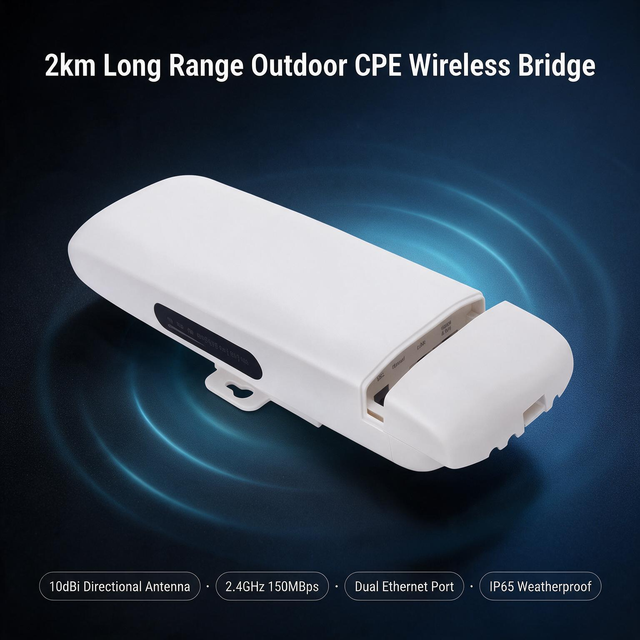 Long Range 2km Outdoor CPE Wireless Bridge High Power 2.4GHz  150ax WiFi Access Point 10dBi Directional Antenna Dual Ethernet
