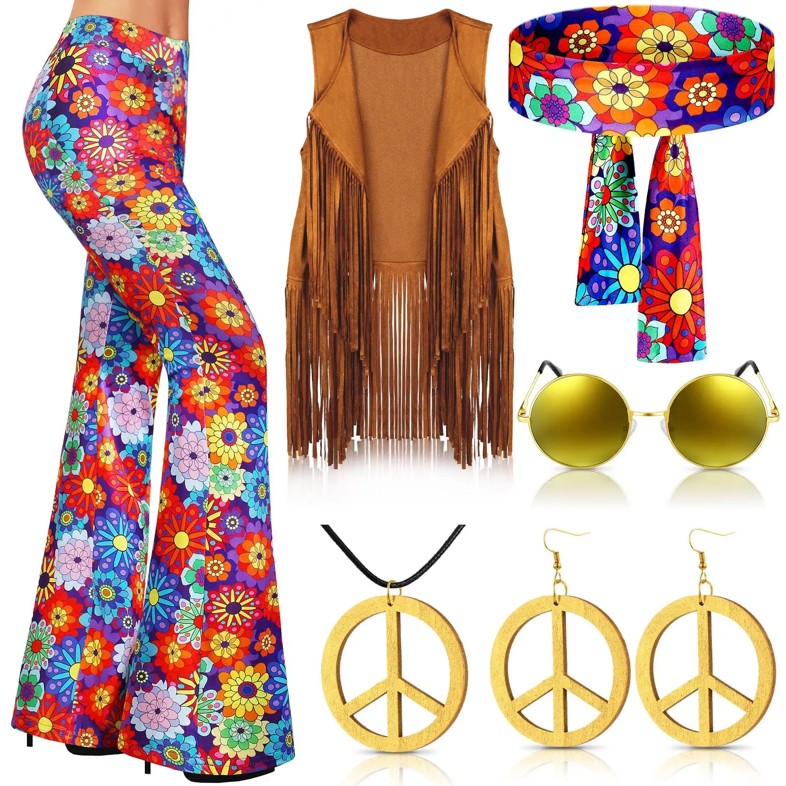 Conjuntos de los años 60 y 70 para mujer, conjunto de disfraz Hippie, pantalones acampanados bohemios, chaleco con flecos, conjunto de accesorios con signo de la paz