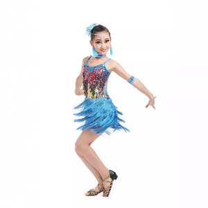 Children's Latin Dance Costume <b>Sequined</b> Tassel Skirt Girls Performance Wear Competition Dress Yellow <b>Red</b> Blue - Product Image 3