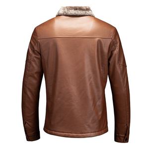 Chaqueta de Cuero Marrón para Hombre con Cuello de Piel, Chaqueta de Invierno Cálida, Informal, Clásica, de Cuero - Product Image 2