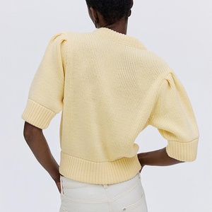 Suéter de punto acanalado color avena para mujer, cuello redondo, manga abullonada, largo recortado, dobladillo acanalado, casual, primavera otoño - Product Image 6