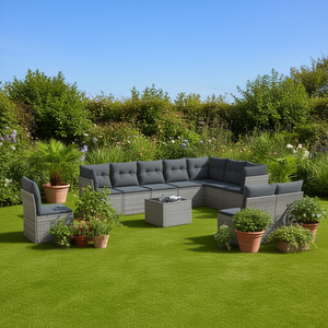 Ensemble de canapés de jardin en rotin PE gris modulaire, collection de meubles d'extérieur, 10 places, design contemporain - Product Image 2