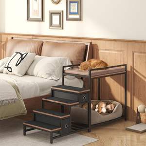 Cama Elevada para Mascotas de Madera Maciza Personalizada con Escaleras Extraíbles, 2 Cajones, Ventana, Marco Metálico Resistente, Cama para Perros y Gatos con Cojín Suave - Product Image 5
