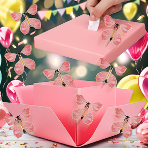 Cross Border Butterfly Explosion <b>Square</b> Plastic-Lined Four-Color Printed <b>Gift</b> <b>Box</b> Bronzing Raffy Ribbon Surprise Flying <b>Box</b> - Product Image 2
