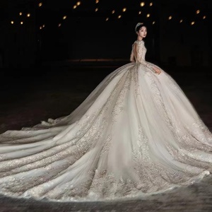 NDB10447 Abito da sposa a maniche lunghe, nuovo modello, con ampia strascico, stile francese, lavorazione artigianale di alta gamma, in pizzo raffinato - Product Image 5