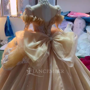 ชุดเดรส AXS09ติดโบว์แขนยาวสีเหลืองแวววาวของ Jancember - Product Image 5