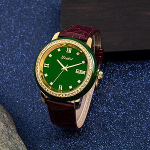 Montre pour femme en jade vert, lunette en cristal, mouvement à quartz Miyota, boîtier en alliage IPG, bracelet en PU, étanche, personnalisable - Product Image 6
