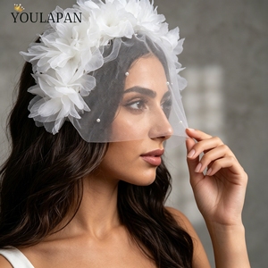 YouLaPan VA21 Elegante Velo de Novia con Flores Blancas en 3D, Velo Corto con Flores, Velo Floral para <span class=keywords><strong>Boda</strong></span>, Accesorios para <span class=keywords><strong>Boda</strong></span> - Product Image 4