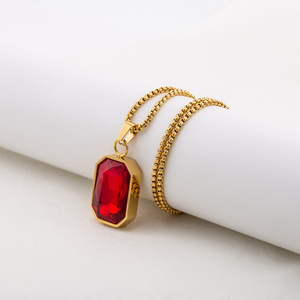yunnique Trendy Pendant <b>Necklace</b> Gold Hexagon <b>Ruby</b> Geometric Stainless Steel Men's Jewelry Gift - Product Image 3