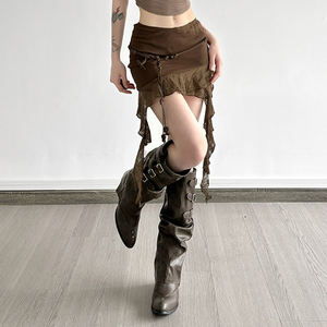 กระโปรงมินิสั้นทรงเรโทรแต่งระบายแบบไม่สมมาตรสำหรับผู้หญิง ประดับลูกปัด แต่งเชือกผูก ดีไซน์แบบปะติดปะต่อ เซ็กซี่เก๋ไก๋ - Product Image 4