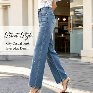 Jeans de Moda para <span class=keywords><strong>Mujer</strong></span>, Corte Recto y Amplio, Azul, Elásticos, de Algodón Suave, Estilo Casual Europeo - Product Image 4