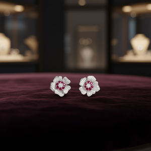 Orecchini a perno in argento 925 a forma di fiore con rubino e diamante per donna, romantici per l'uso quotidiano - Product Image 2