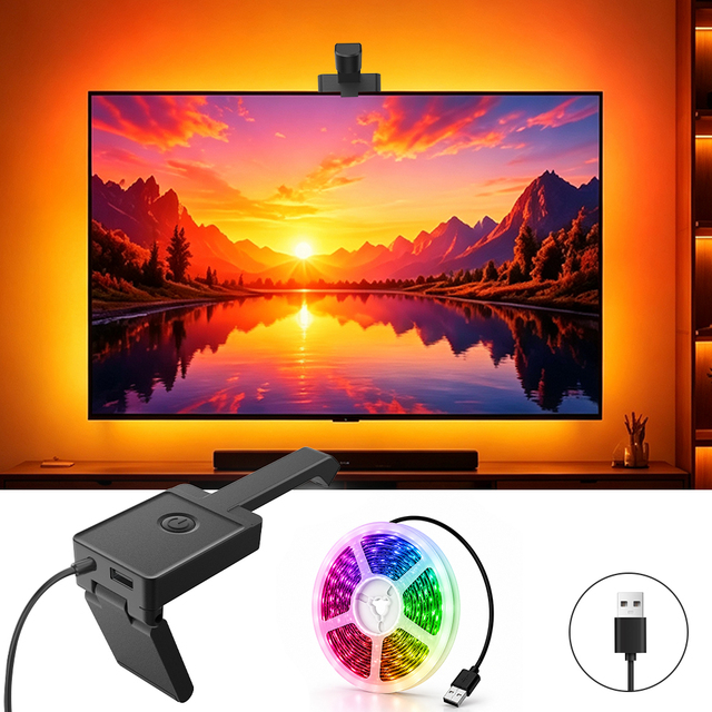RGB Sync Screen LED TV Backlight with Camera Smart App Control Music Sync Ambient Flexible Light Strip for Gaming Experience