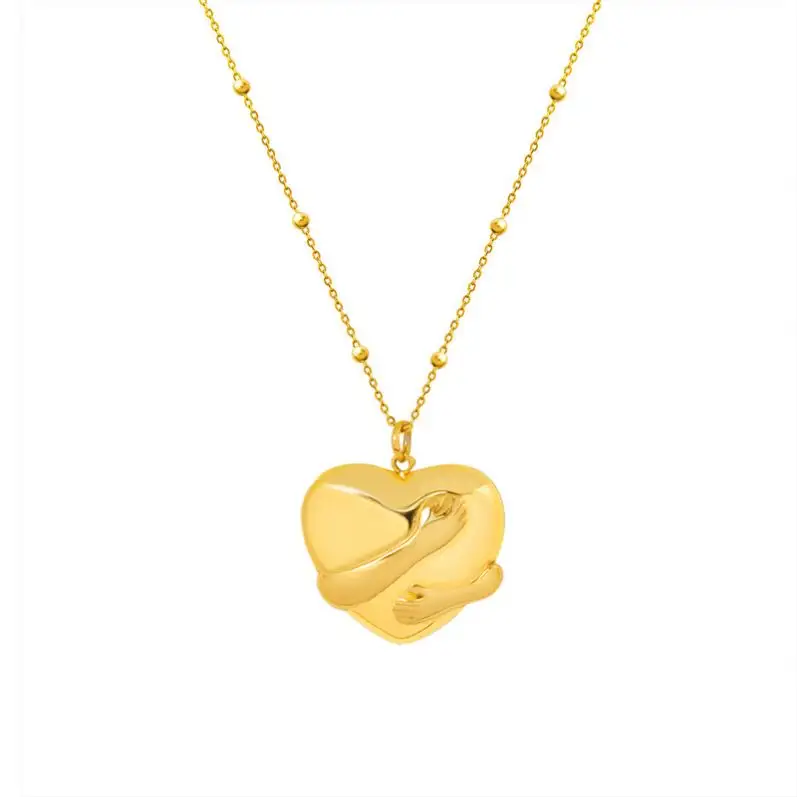Colar de ouro 18K com contas de abraço, joia não mancha, moda em forma de coração, colar de mão de aço inoxidável