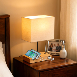 Touch Control <b>Table</b> Lamps 2 USB <b>Charging</b> Ports&AC Outlet <b>Bedside</b> Nightstand Lamps with White Fabric Lampshade - Product Image 4