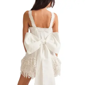 OEM Summer Plain White Cotton and Linen A-Line Strap Sleeveless Women Cut Out Lace Hem Bow Mini Dress