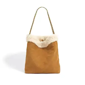 Genuine Leather Women's Bag Wool Lamb Trash Bag 2024 New Niche Design Autumn and Winter Fashion Diamond Lattice Chain Plush Tote