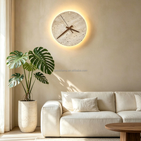 Lampu Dinding Batu Alam Travertine Bulat Wabi Sabi dengan LED, Jarum Jam Kayu Solid, Lampu Dinding Dekoratif untuk Kamar Tidur Ruang Tamu