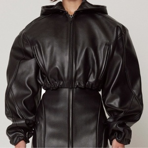 Fashion PU <b>Leather</b> Winter Breathable Motorcycle Crop Short Bomber Zipper Hoodie Women's <b>Long</b> Sleeve <b>Jacket</b> - Product Image 1