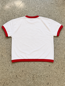 Camiseta Ringer para Hombre al por Mayor, Blanca con Ribete Rojo en Contraste, Estampado Gráfico Urbano Retro, Hombro Caído, Ajuste Holgado, de Algodón Casual - Product Image 3