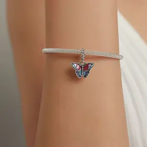 100% 925 argent Sterling émaillé balancent breloque joli papillon pendentif breloques bijoux classiques Fit Bracelet