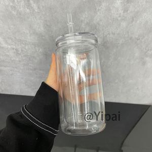 12Oz Colorful Double Wall Pre Drilled Snow Globe Acrylic Can <b>Cups</b> With <b>Plastic</b> Lids and Straws - Product Image 4
