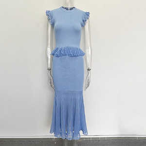 In Stock Summer Lady Delicacy <strong>Tulle</strong> Trim Patchwork Suit O-neck Sleeveless Pullover <strong>Tops</strong> Mermaid Long Skirt Women Slim Knit 2Pcs - Product Image 4