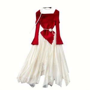 Robe longue décontractée asymétrique en acrylique crocheté patchwork, lavable, respirante, éco-responsable, style féerique, col rabattu, pour l'été - Product Image 5