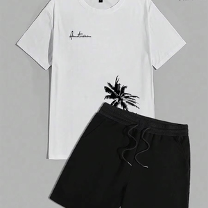Factory for customizable crew neck short-sleeved shirts and drawstring waist shorts with letter and palm <b>tree</b> prints.F10 - Product Image 1