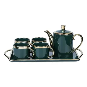 Afternoon Porcelain Tea Pot Cup Set Luxury Gold Rim Ceramic Tea Cup Teapot Set With Tray Coffee Pot And Cups Saucers Set