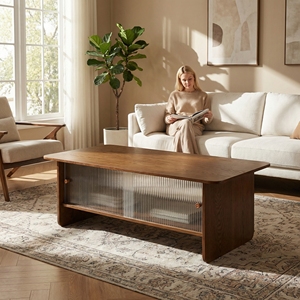 47-Inch Rectangular Modern Minimalist Wood <b>Coffee</b> <b>Table</b> with Storage Cabinet and Glass Sliding Doors for Living Room - Product Image 1
