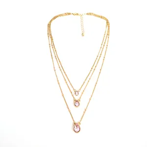 Collana a catena in oro delicato con ciondolo a forma di diamante rosa multistrato di vendita calda in europa con perline CCB per le donne