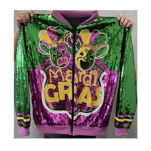 Wholesale Hot Sell Mardi Gras green gold purple sequins jackets customize sequin bomber jackets for Mardi Gras