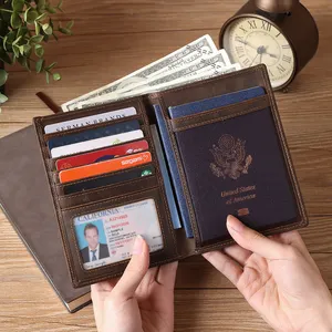 Supplier Factory Vintage Design Durable Real Leather Passport Cover Bifold Wallet Genuine Cow Leather Passport Card Holder